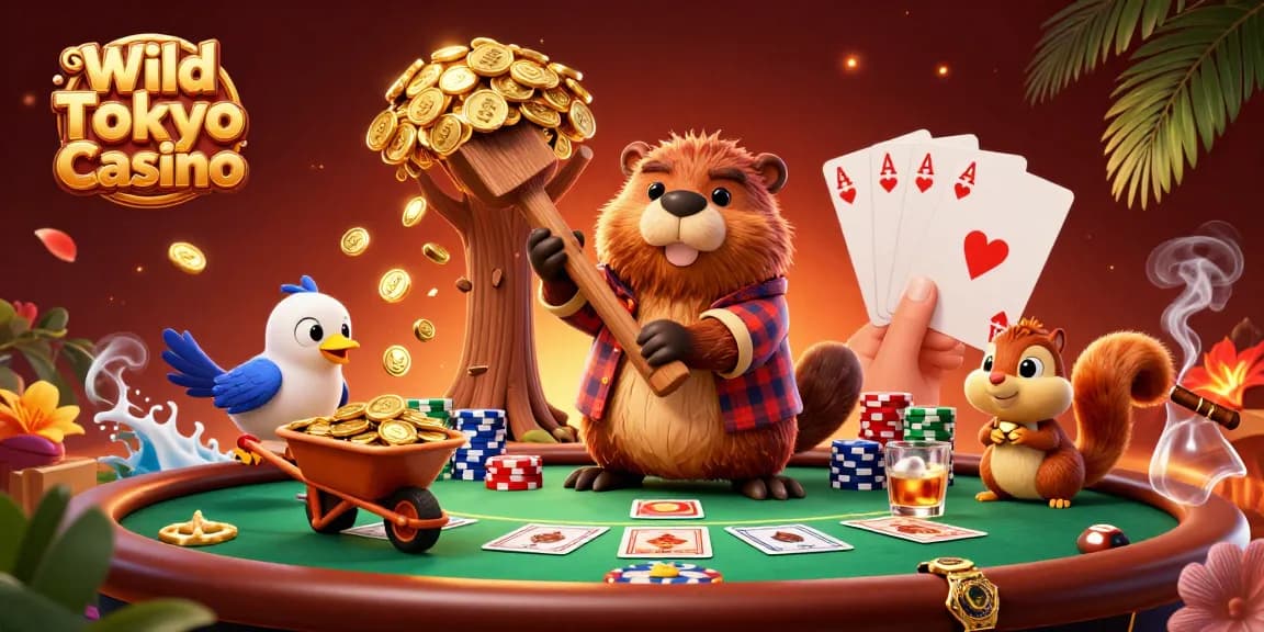 Gioca a Wild Tokyo Casino con un castoro in maglietta a quadri e un uccello che raccoglie oro tra i tavoli da poker.