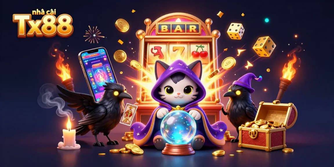 Experience an exciting gaming adventure with nhà cái Tx88 through a vibrant casino illustration featuring dynamic characters and slot elements.