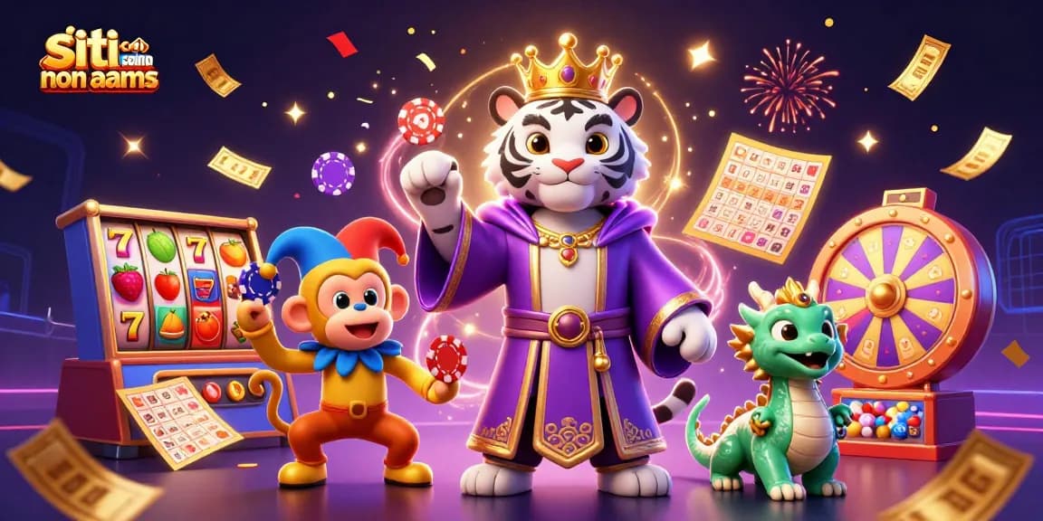 Engage with siti casino non aams through a fun 3D illustration featuring a royal tiger and playful monkey.