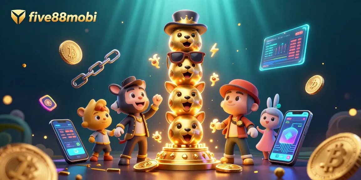 Experience the thrill of five88mobi with dynamic animal-themed totems and crypto casino elements.