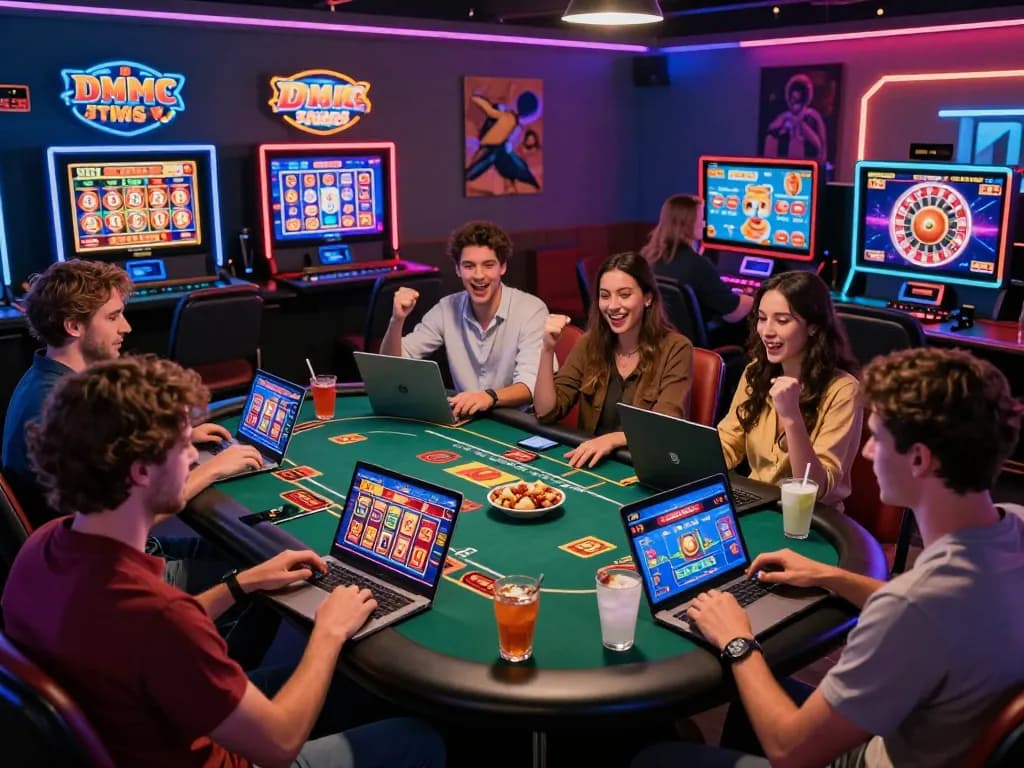 Group enjoying online casino games, MM88 branding visible in the vibrant gaming space.