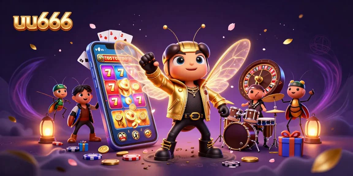 Experience the thrill of uu666 with a vibrant illustration of a rock star cicada amid gambling excitement, showcasing slots and jackpot fun.
