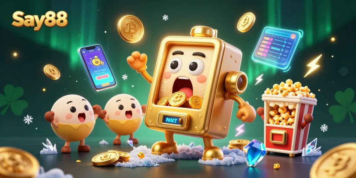 Experience the excitement of Say88 as the animated golden slot machine hits a jackpot, coins pouring everywhere!