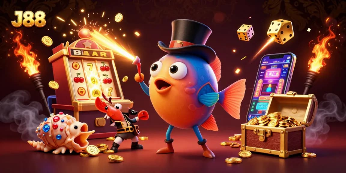 J88 brings excitement as an anglerfish attracts golden coins in a vibrant casino scene.