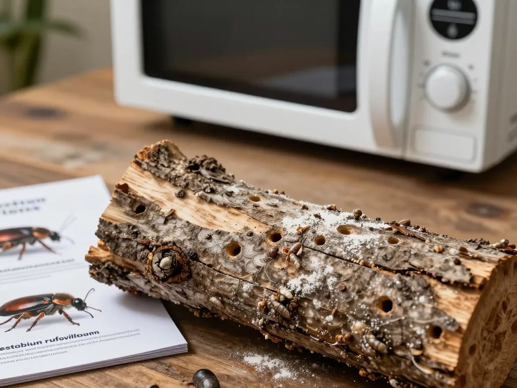 Primo piano del legno che mostra segni di coleotteri xilofagi; metodi di sterilizzazione microonde evidenziati.