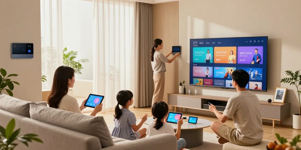 Family enjoying rokok88 smart home electronics in a modern living room.