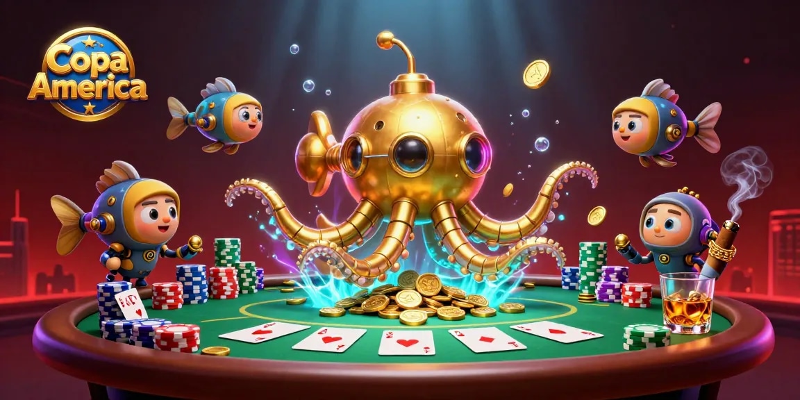Copa America showcases thrilling poker action with a kraken submarine amid golden treasures and vibrant casino elements.