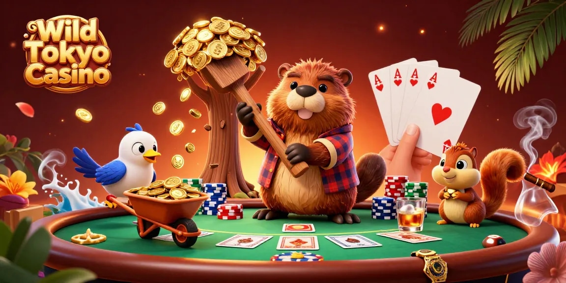 Gioca a Wild Tokyo Casino con un castoro in maglietta a quadri e un uccello che raccoglie oro tra i tavoli da poker.