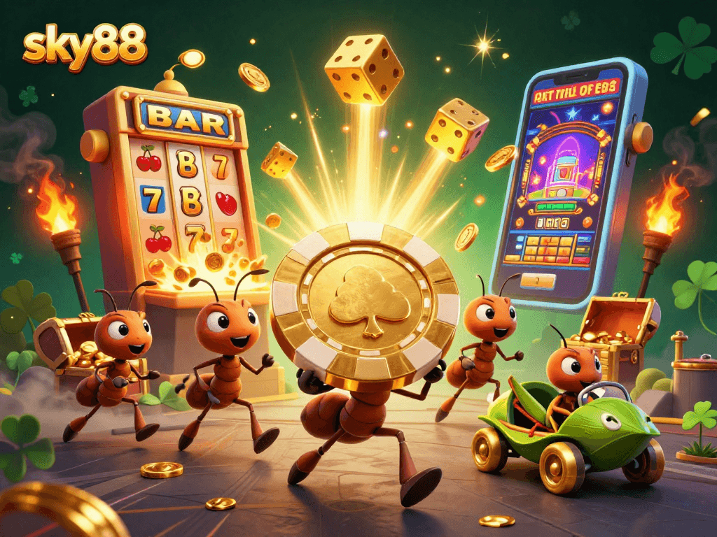Engaging ants carry a giant poker chip in a thrilling sky88 casino heist surrounded by game symbols.