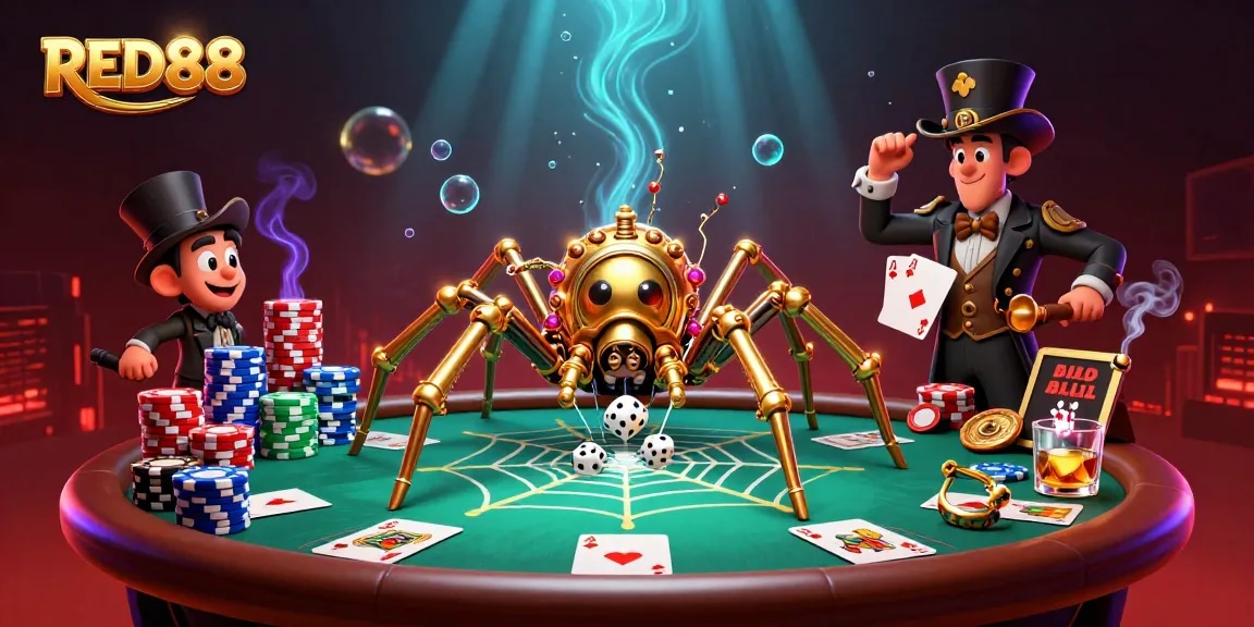 Play at RED88 with golden spider webbing poker chips and dice, showcasing a vibrant casino atmosphere.
