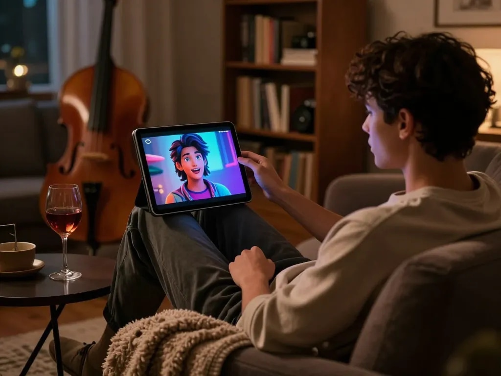 Engaging in NSFW AI chat with a virtual character in a cozy lounge setting, showcasing intimate digital interaction.