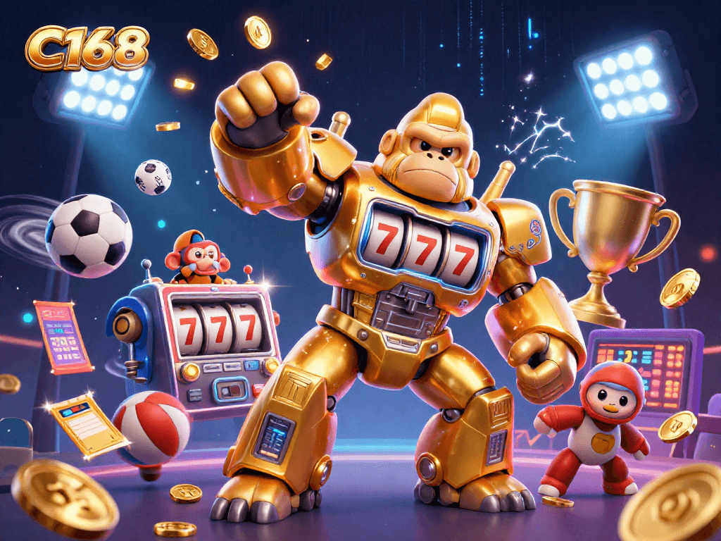 C168 transforms gaming with a golden gorilla mech launching coins amidst dynamic sports elements.