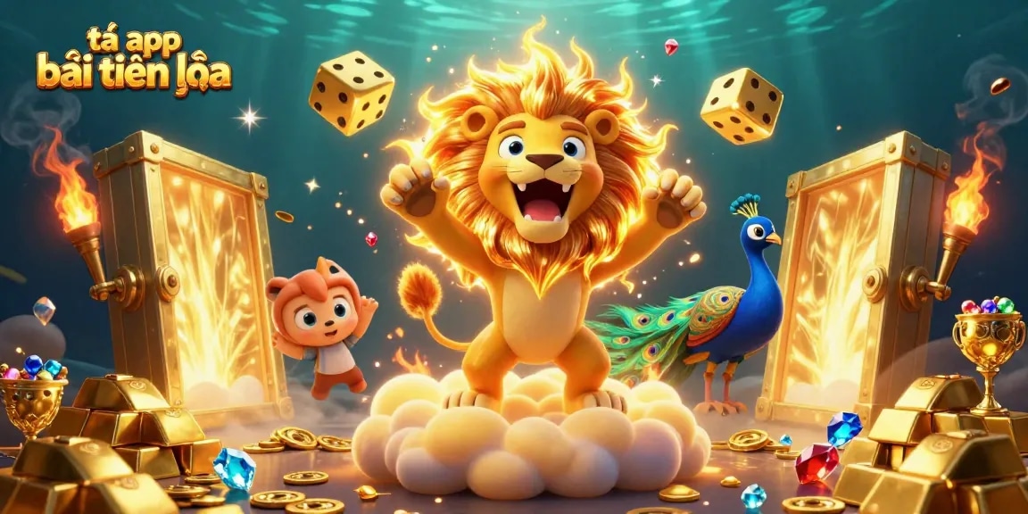 Engage in the excitement of tải app bài tiến lên, featuring a dynamic scene with characters and gold elements in a casino-themed illustration.