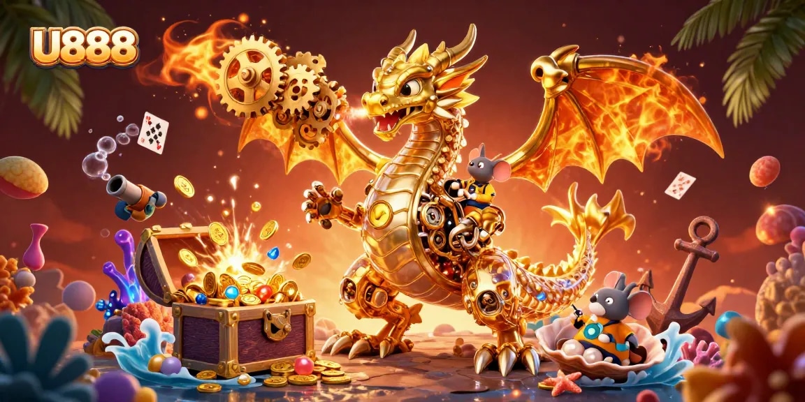 Engage with U888's immersive gameplay featuring games and treasures in a vibrant casino environment.