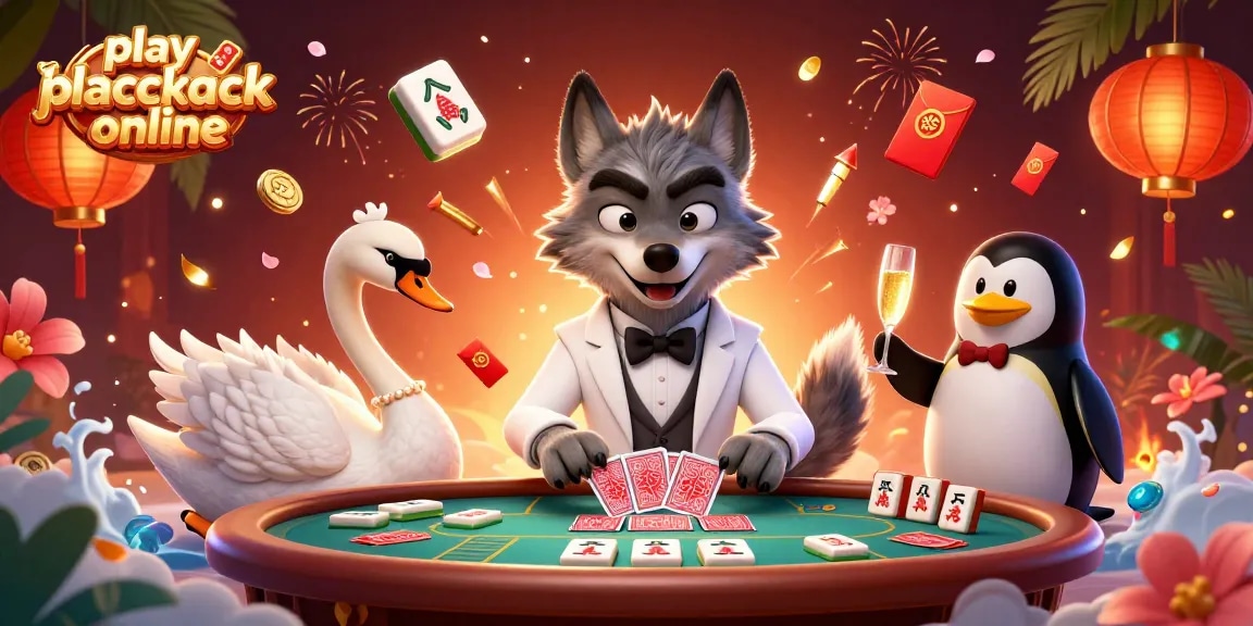 Experience the thrill to play blackjack online with our engaging casino scene featuring vibrant characters.