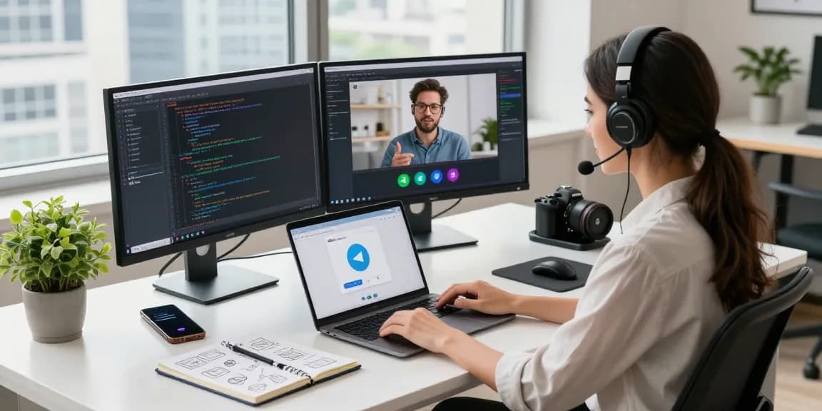 Engaging scene of a professional using the Telegram web version in a modern tech workspace.