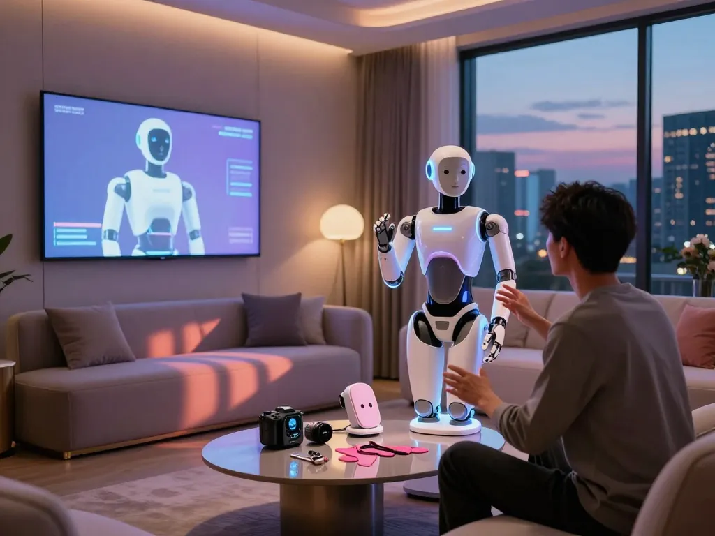 Engaging scene of a user interacting with a high-tech sex bot in a modern lounge.