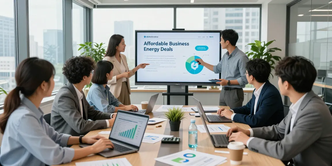 Team discussing affordable business energy deals 2026 in a modern conference room.