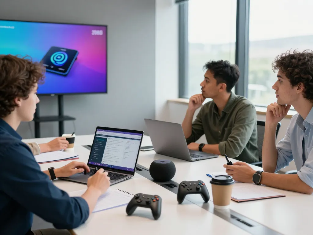 Collaboration at a tech workspace showcasing top 10 tech gadgets 2068 with professionals brainstorming over innovative devices.