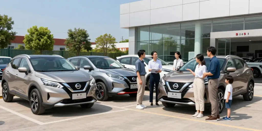 Noleggio lungo termine Nissan con diverse auto davanti a una concessionaria moderna, clienti in discussione con un rappresentante di vendita.
