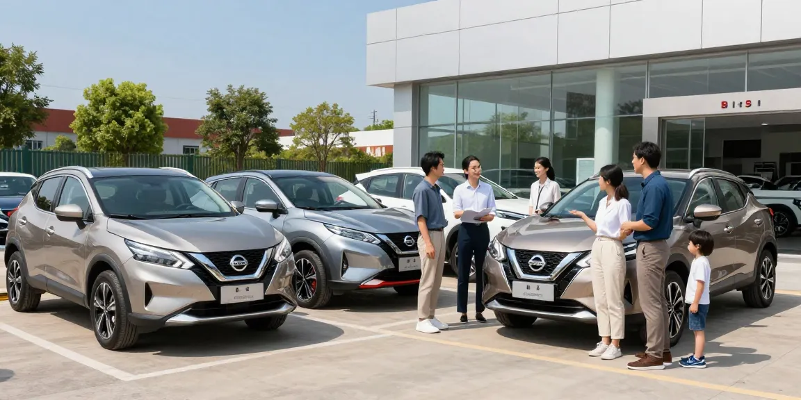 Noleggio lungo termine Nissan con diverse auto davanti a una concessionaria moderna, clienti in discussione con un rappresentante di vendita.