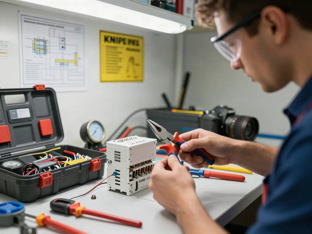 Riparazione elettrica con pinze KNIPEX Italia in un laboratorio professionale.
