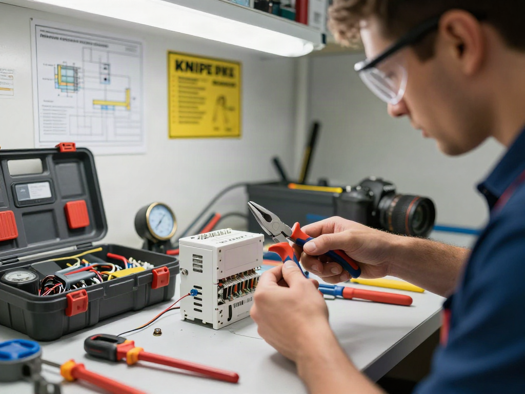 Riparazione elettrica con pinze KNIPEX Italia in un laboratorio professionale.