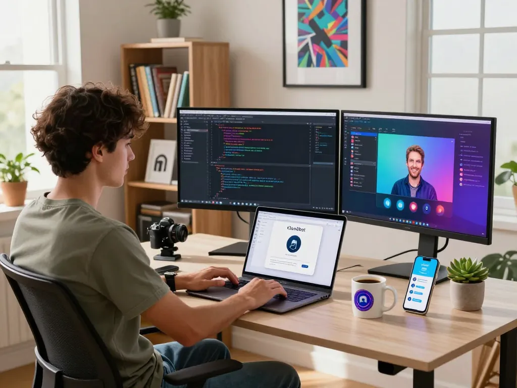 Developer utilizing Clawdbot AI in a modern home office, showcasing productivity and tech integration.