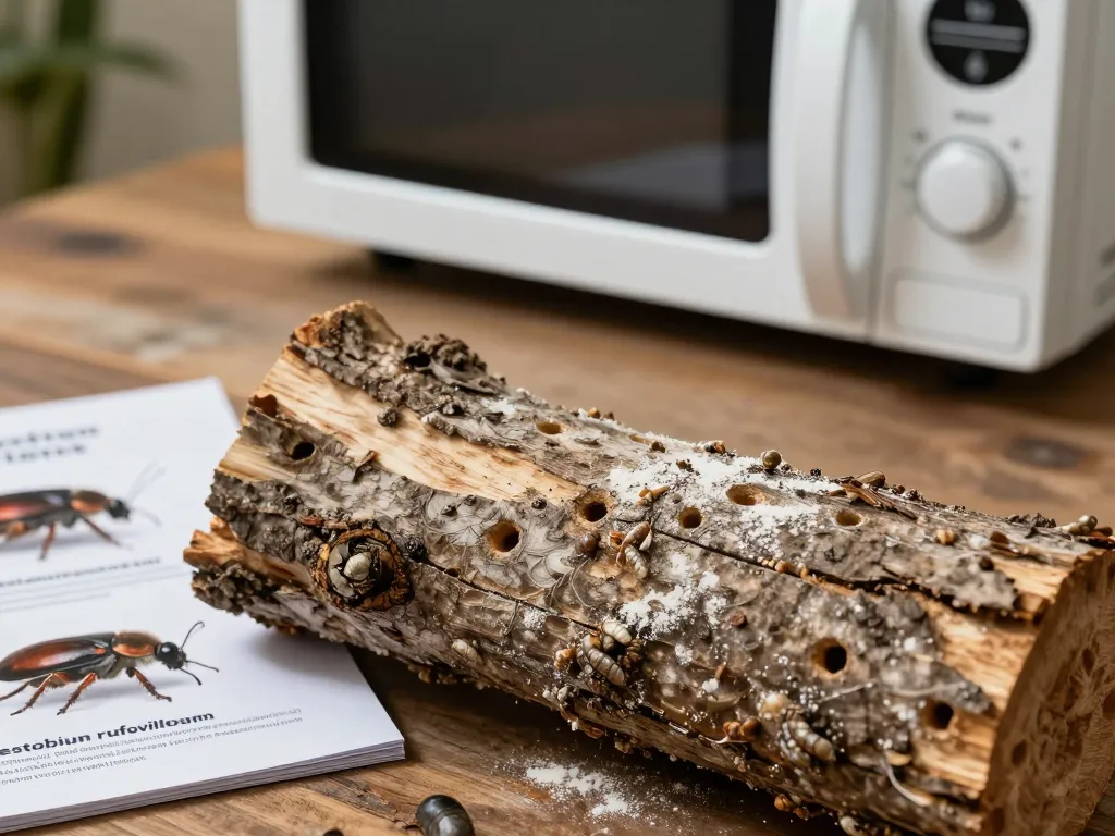Primo piano del legno che mostra segni di coleotteri xilofagi; metodi di sterilizzazione microonde evidenziati.