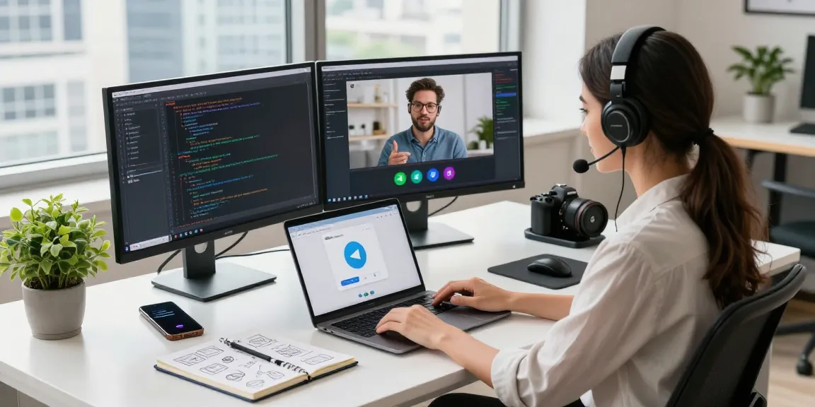 Engaging scene of a professional using the Telegram web version in a modern tech workspace.