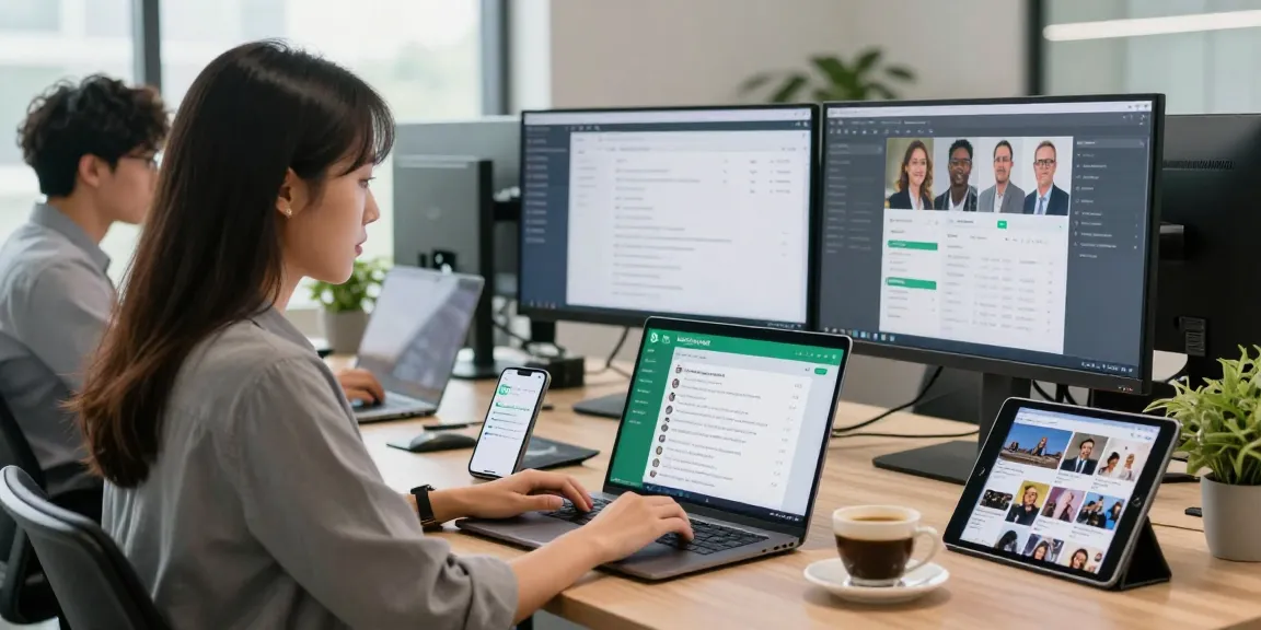 Engaged professional using WhatsApp網頁版 on a laptop in a bright office environment, showcasing modern communication.