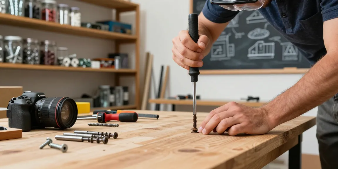 Un artigiano utilizza un cacciavite a percussione per svitare bulloni in un laboratorio attrezzato, circondato da strumenti e materiali di lavoro.