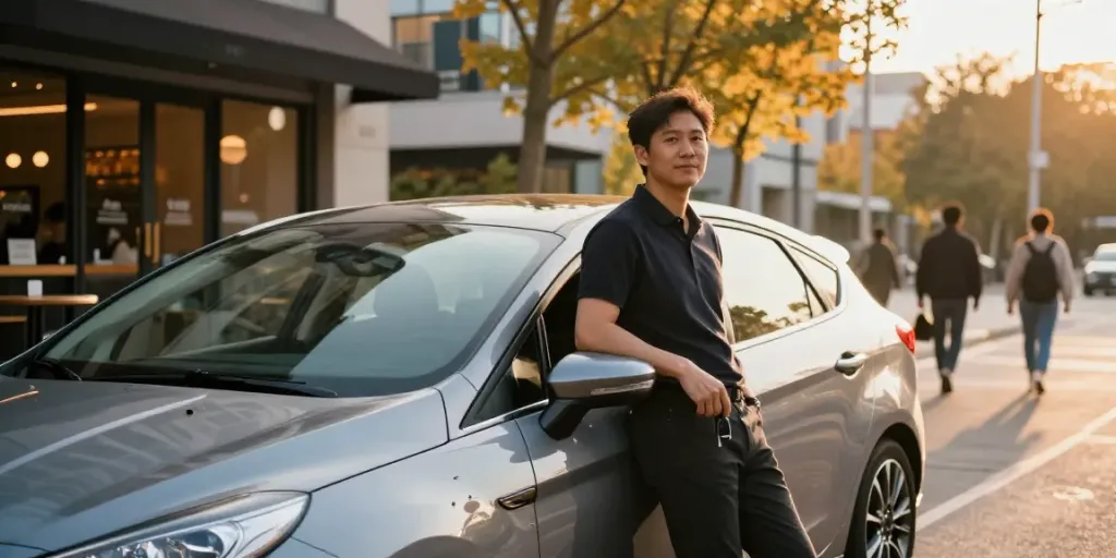 Noleggio lungo termine Ford in un contesto urbano, con una vettura Ford elegante e il conducente che si appoggia all'auto.