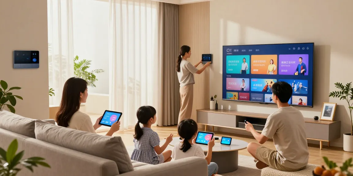 Family enjoying rokok88 smart home electronics in a modern living room.