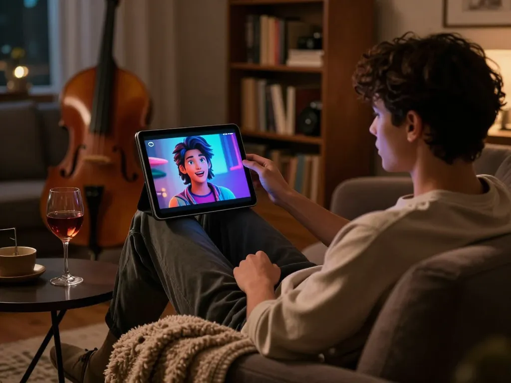 Engaging in NSFW AI chat with a virtual character in a cozy lounge setting, showcasing intimate digital interaction.