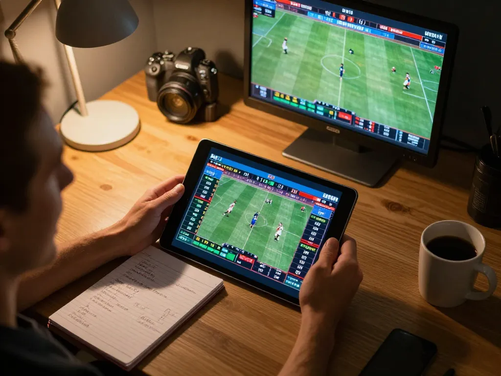 Exciting sports betting experience with a person using f168 tablet to track live odds and game statistics.