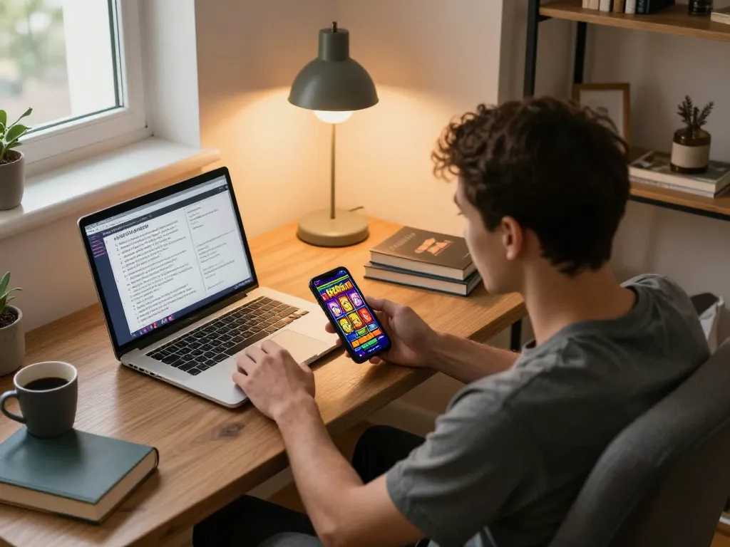 Engaged in raja slot gameplay on smartphone, cozy home setup with warm lighting and strategic notes.