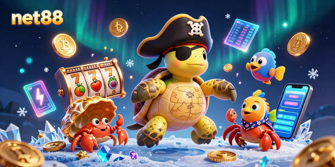 Experience excitement at net88 with a vibrant casino scene featuring a pirate turtle, lively characters, and digital elements.