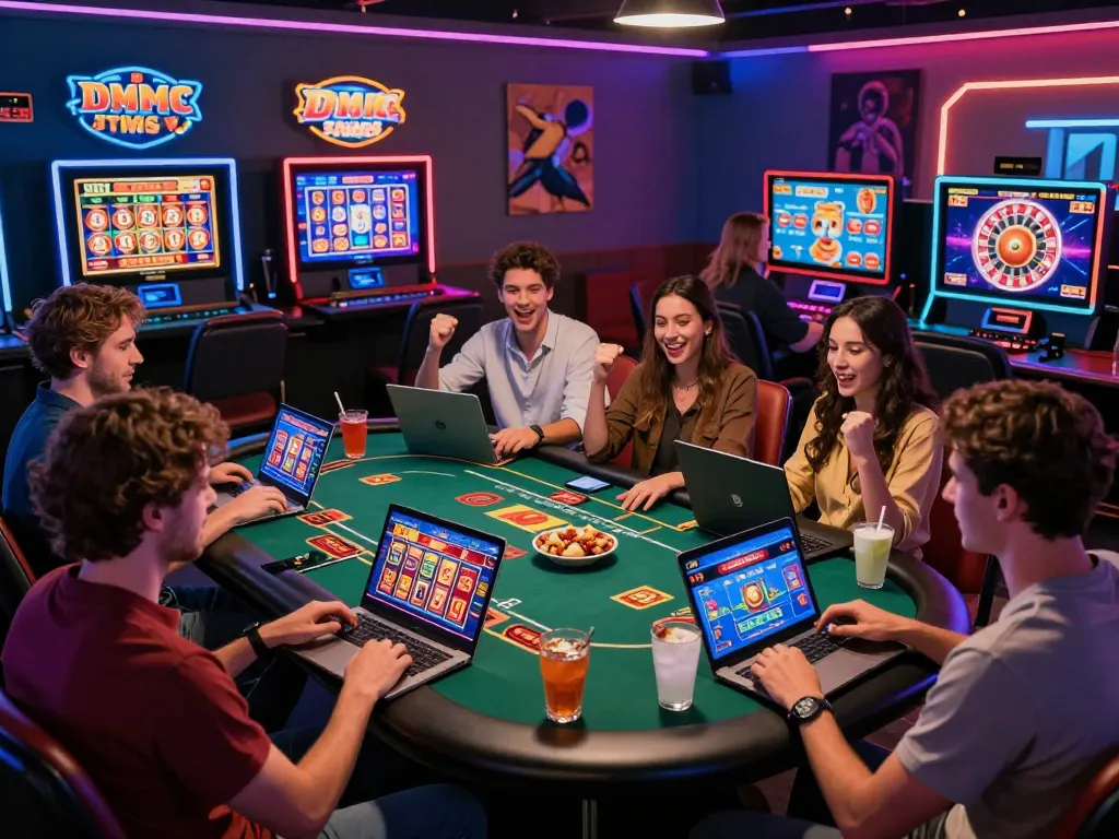 Group enjoying online casino games, MM88 branding visible in the vibrant gaming space.