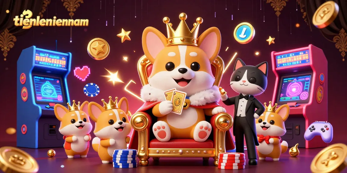 Experience the excitement of tiенlenmiennam in a vibrant casino scene with corgi characters and arcade elements.