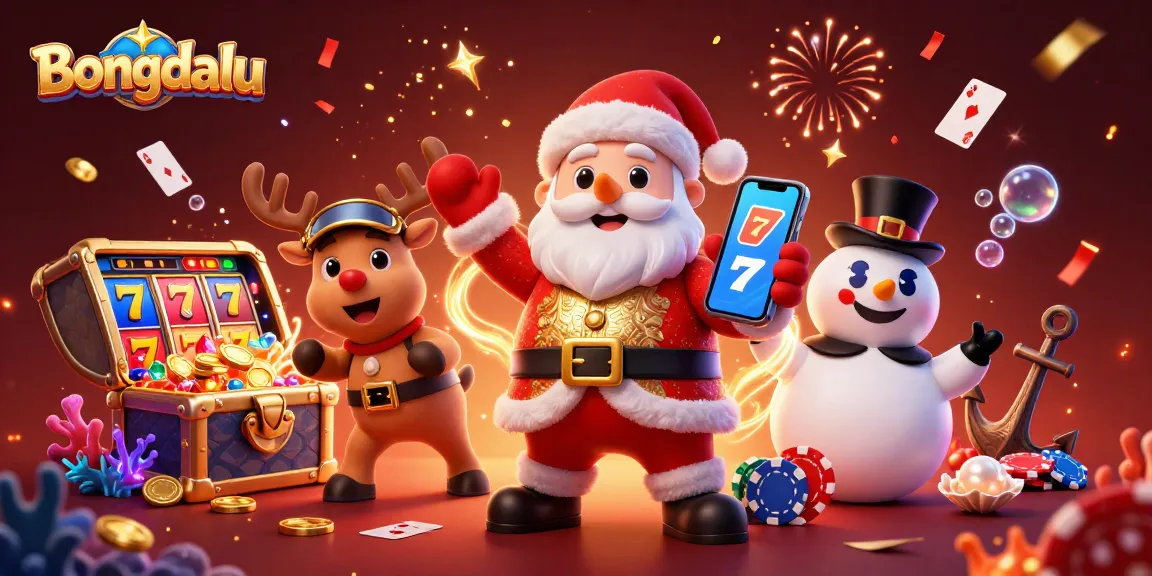 Bongdalu showcases a vibrant casino scene featuring Santa and friends surrounded by slot machines and festive decorations.