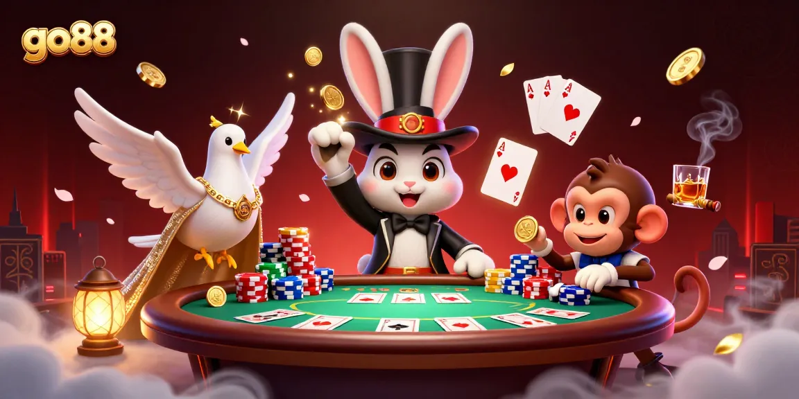 Join the fun at go88 with a whimsical scene of a magician rabbit, dove, and monkey surrounded by poker excitement.