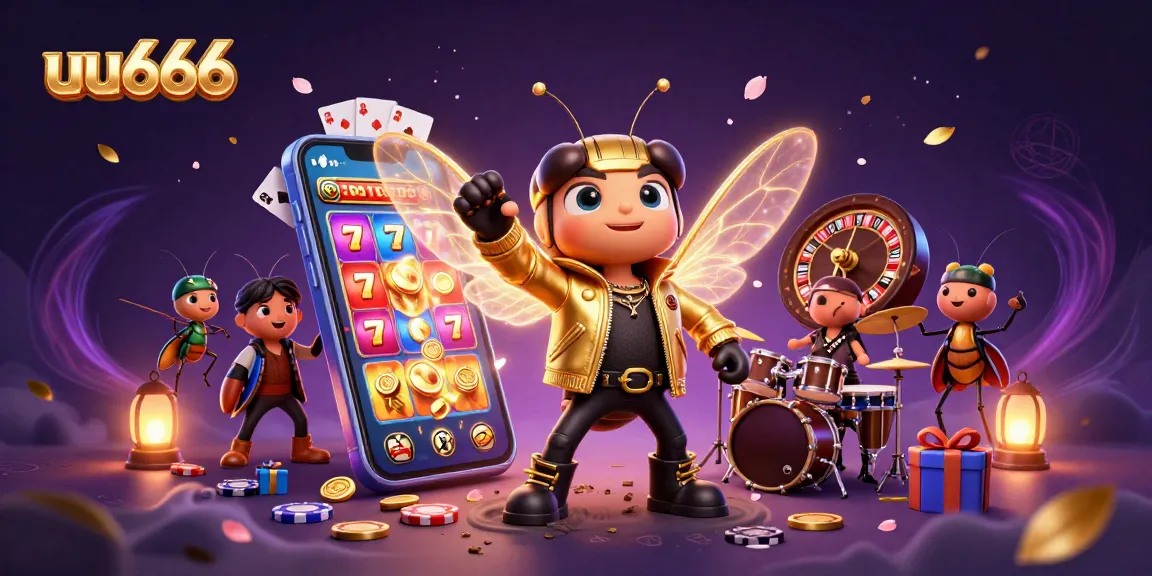 Experience the thrill of uu666 with a vibrant illustration of a rock star cicada amid gambling excitement, showcasing slots and jackpot fun.