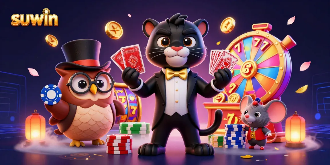 Experience exciting wins with suwin in this dynamic casino scene featuring a tuxedoed panther, owl, and mouse.
