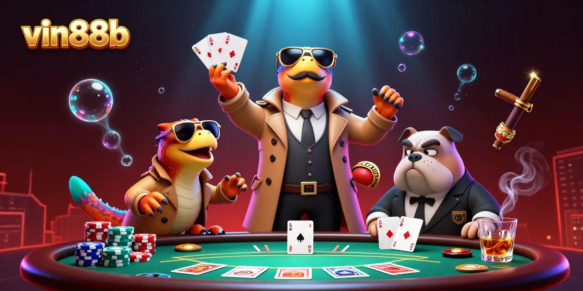 Experience vin88b's thrilling poker scene with raptors and a bulldog bouncer in a vibrant casino