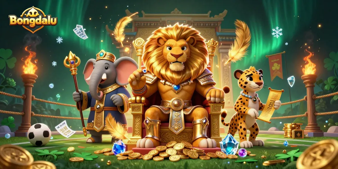 Bongdalu showcases an engaging sports betting scene with a lion king, elephant advisor, and cheetah messenger among dynamic betting elements.