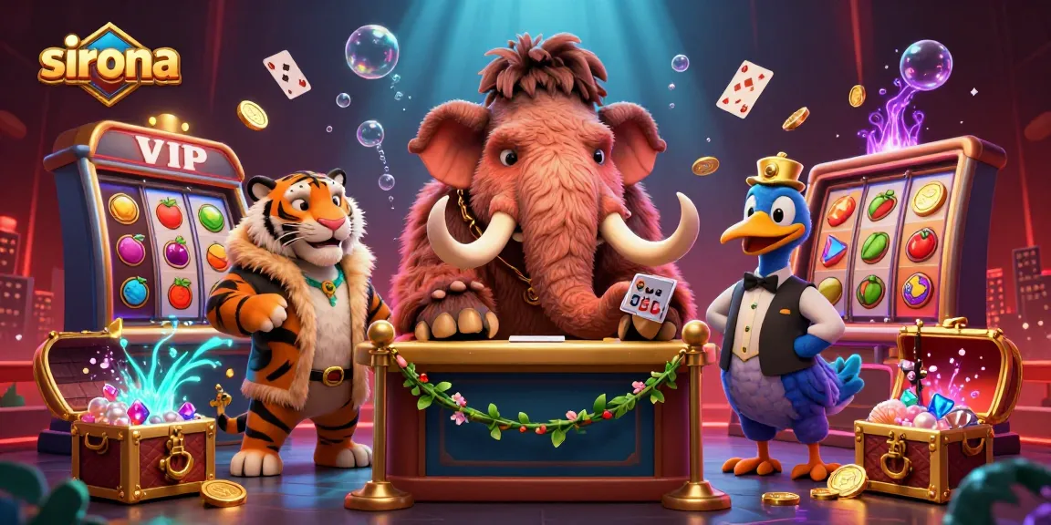 Experience elite gaming at sirona with a 3D woolly mammoth bouncer greeting VIPs in a vibrant casino.