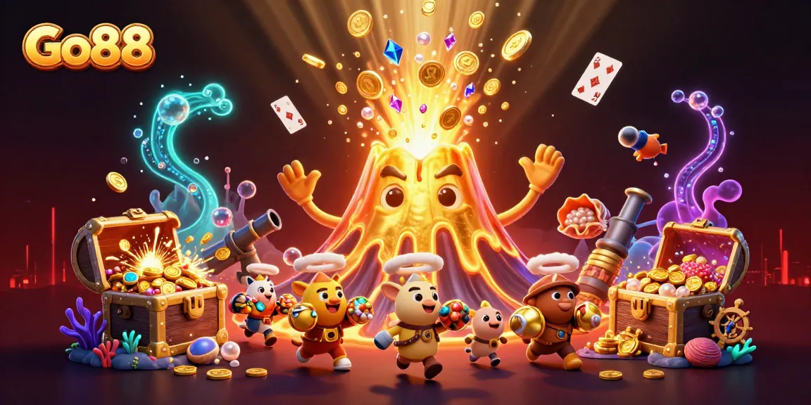 Go88 launches a treasure hunt with vibrant creatures amidst dazzling coins and gems.