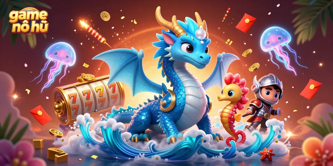 Experience game nổ hũ with vibrant dragons and seahorse knights amidst dynamic slot symbols.